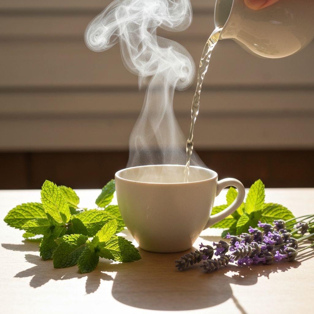 Herbal tea being poured with fresh herbs nearby